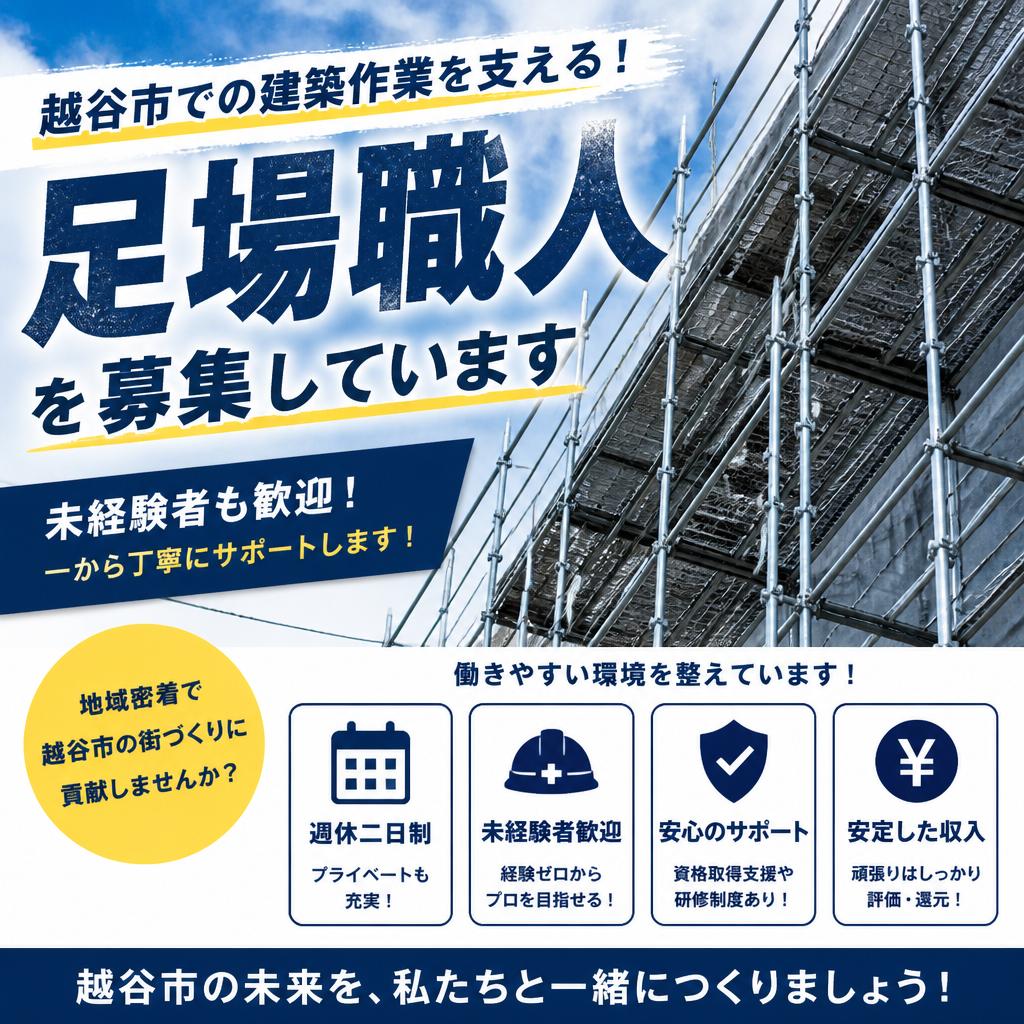 越谷市での建築作業を支える！週休二日制の足場職人を募集しています